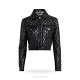 Women's Black Leather Diamond-Quilted Cropped Jacket