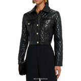 Women's Black Leather Diamond-Quilted Cropped Jacket – view 2