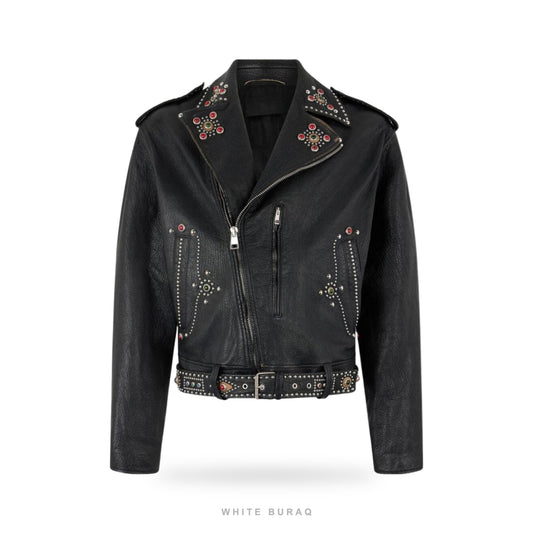 Men's Black Studded Leather Biker Jacket with Belt