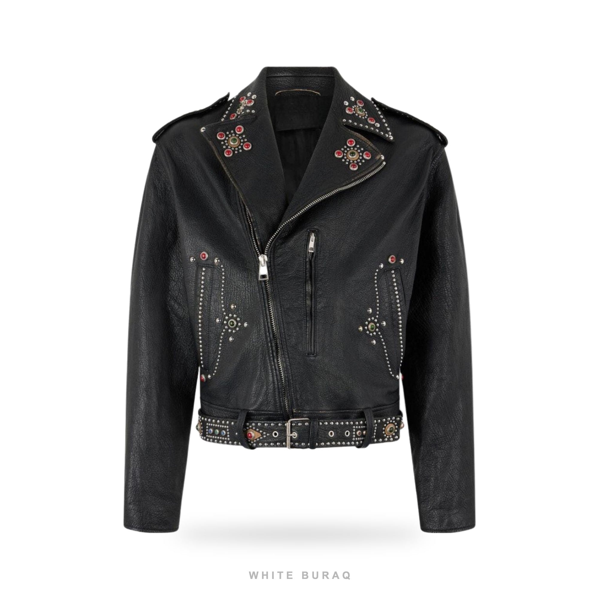 Men's Black Studded Leather Biker Jacket with Belt – view 3