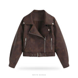 Women's Dark Brown Suede Belted Cropped Biker
