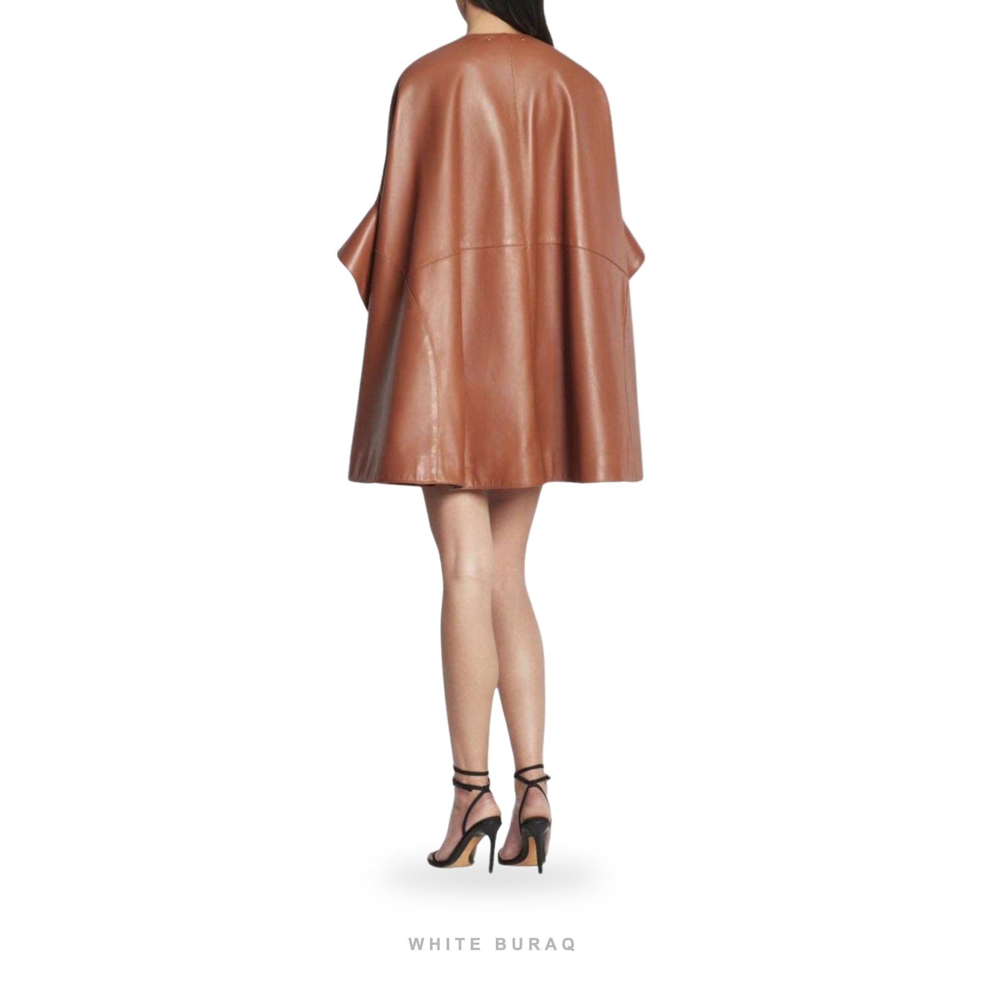 Women's Brown Leather Oversized Bomber Cape – view 3