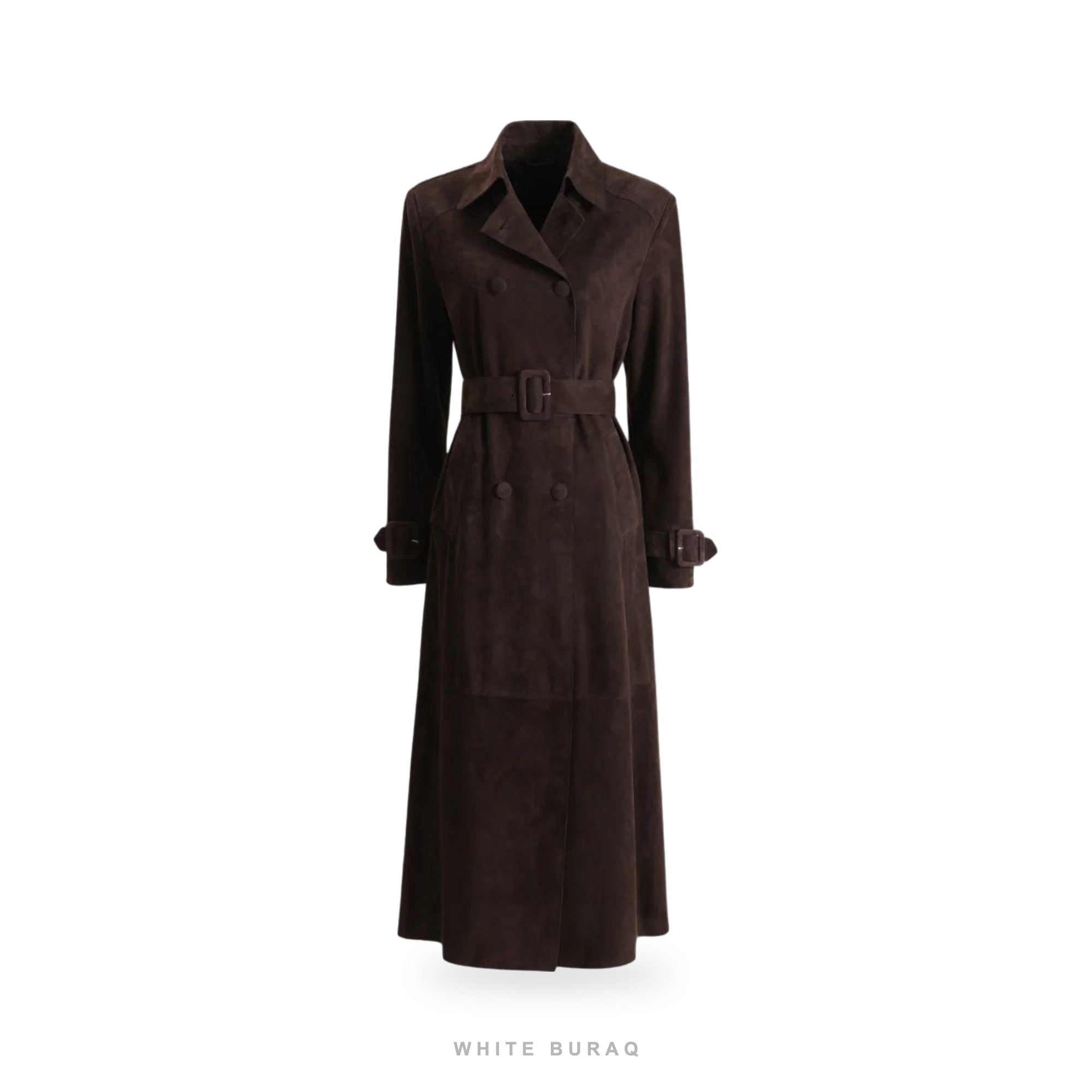 Women's Dark Brown Suede Belted Cuff-Detail Trench