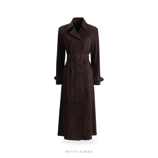 Women's Dark Brown Suede Belted Cuff-Detail Trench