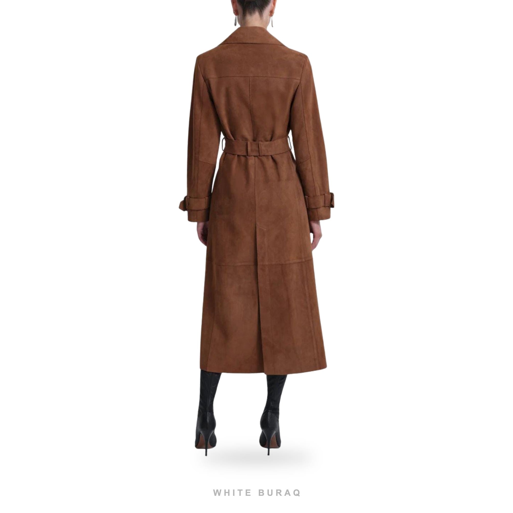 Women's Brown Suede Long Belted Double-Breasted Trench – view 2