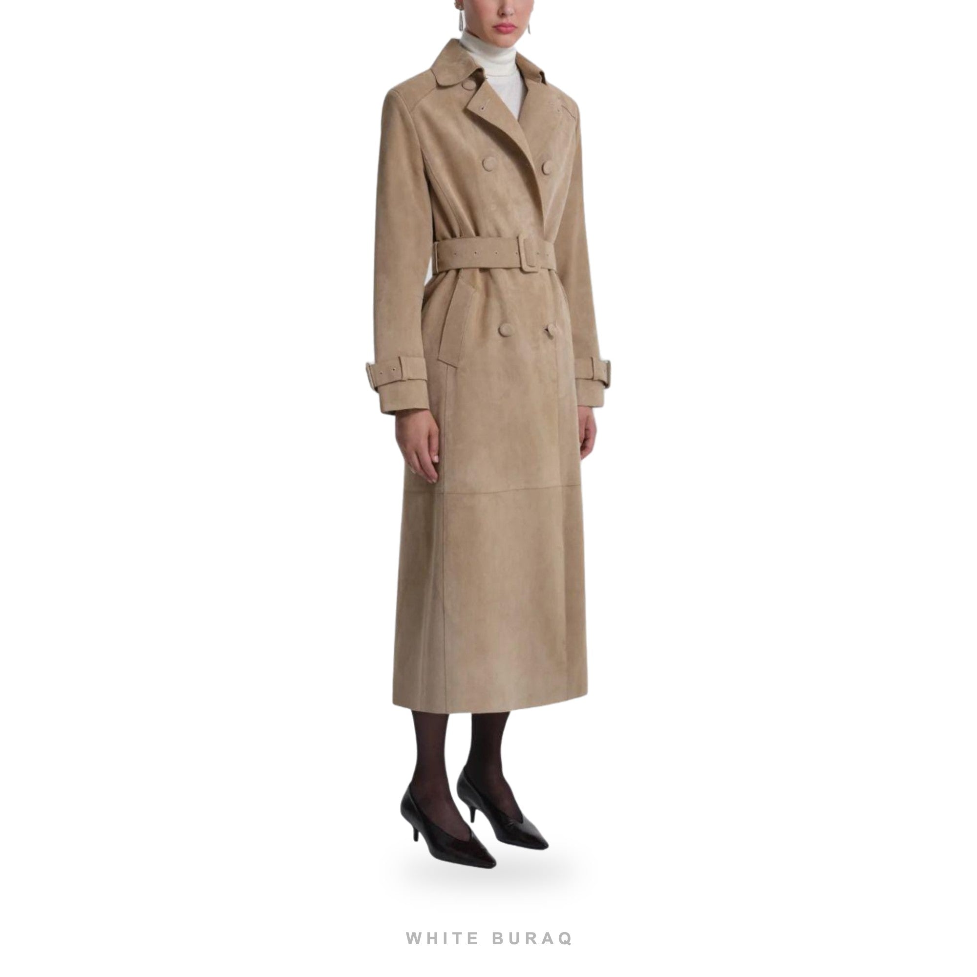 Women's Beige Suede Belted Double-Breasted Trench – view 3