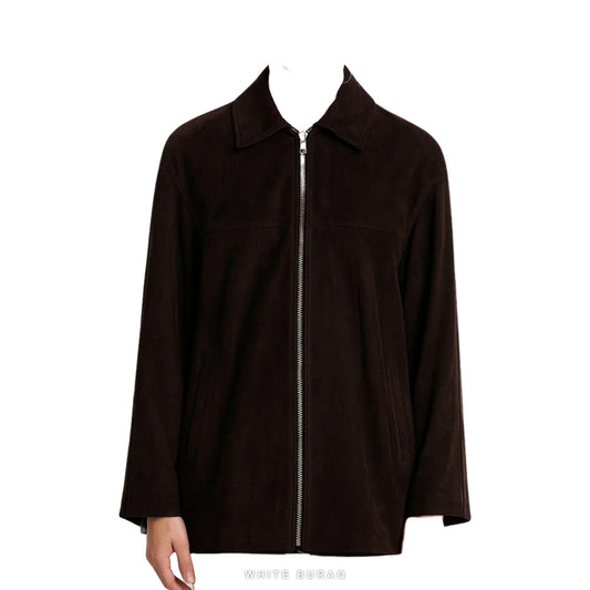 Women's Dark Brown Suede Minimal Zip-Up Jacket
