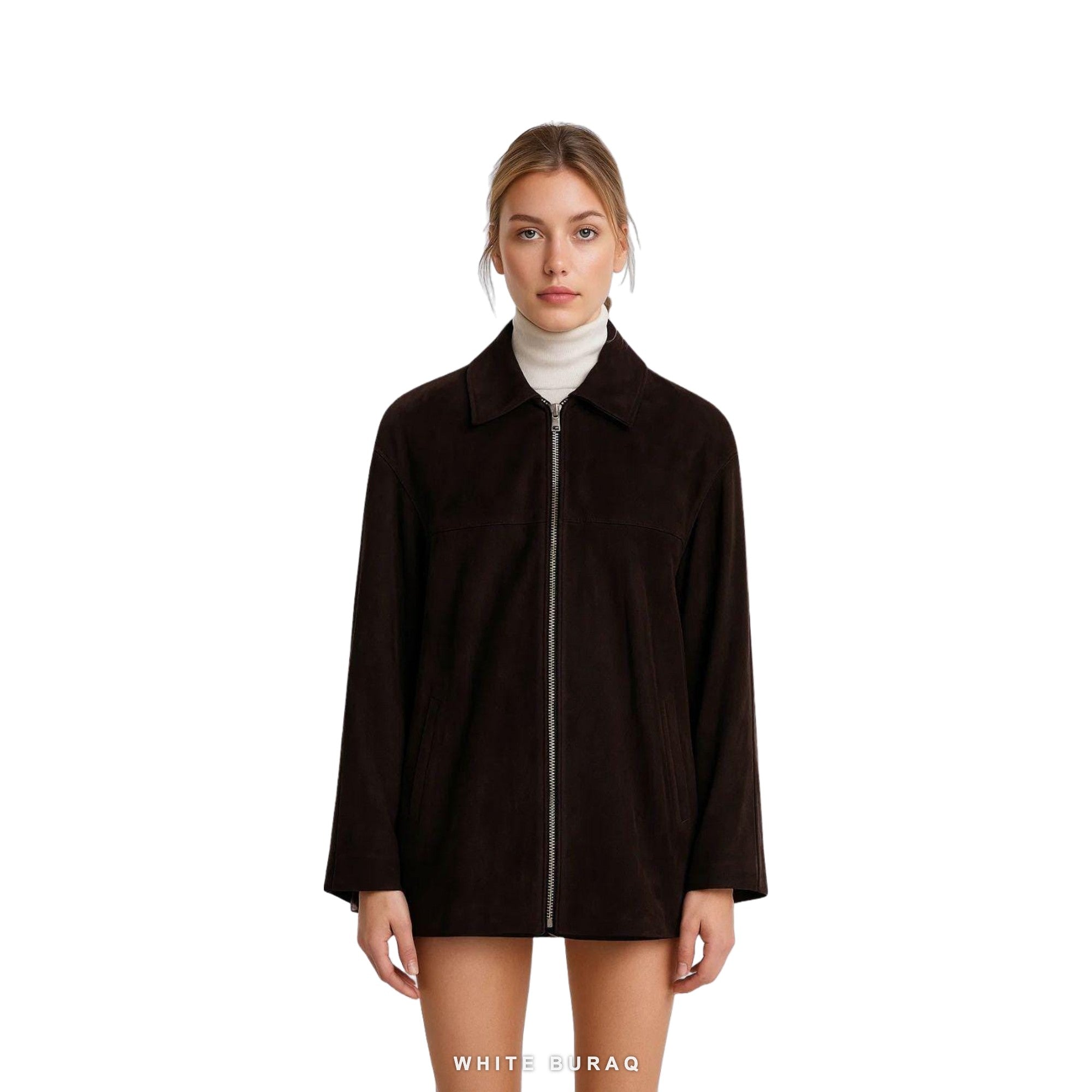 Women's Dark Brown Suede Minimal Zip-Up Jacket – view 3