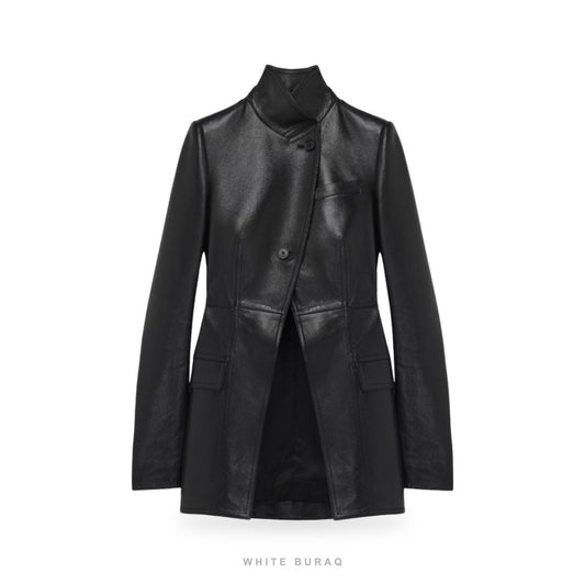 Women's Black Leather Asymmetric High-Neck Jacket