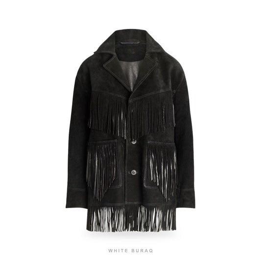 Women's Black Suede Long Fringe Jacket