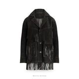 Women's Black Suede Long Fringe Jacket