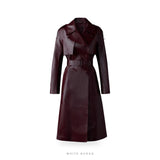 Women's Burgundy Leather Long Belted Trench Coat