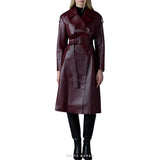 Women's Burgundy Leather Long Belted Trench Coat – view 3