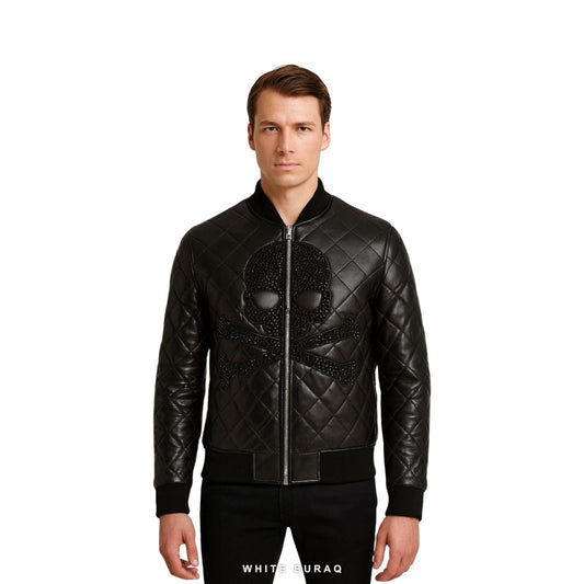 Men's Black Quilted Leather Bomber with Stone-Studded Skull