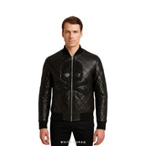 Men's Black Quilted Leather Bomber with Stone-Studded Skull