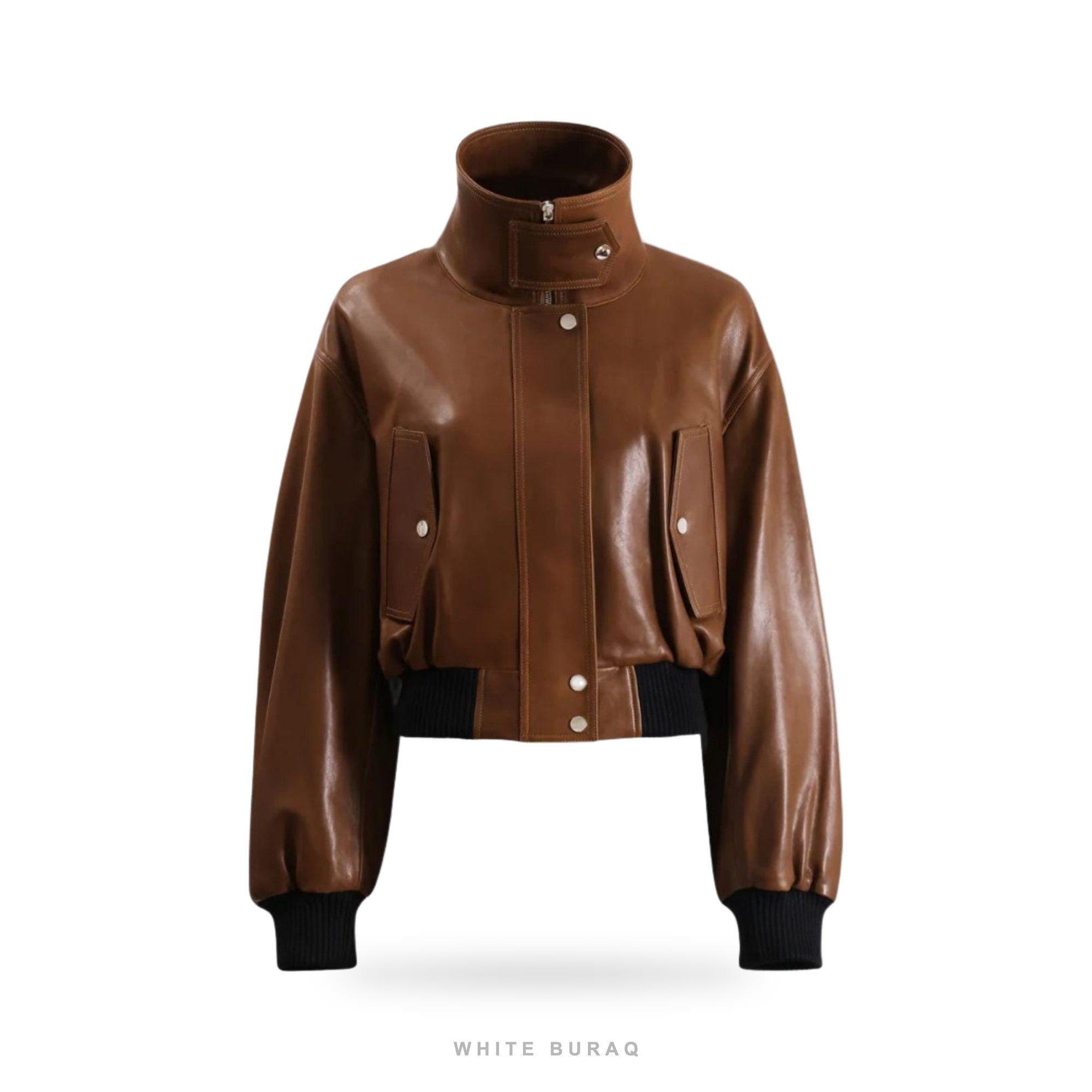 Women's Brown Leather High-Neck Cropped Bomber Jacket