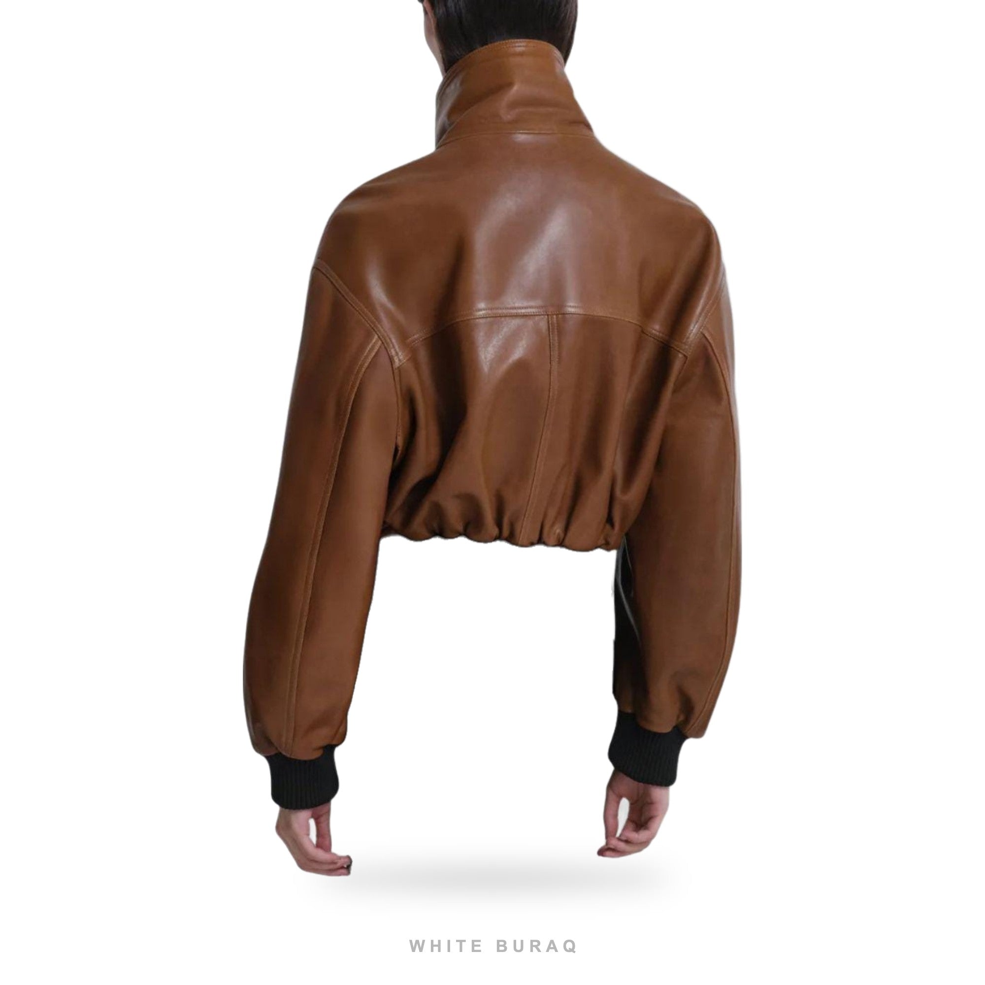 Women's Brown Leather High-Neck Cropped Bomber Jacket – view 2