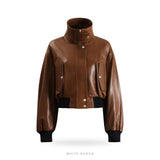 Women's Brown Leather High-Neck Cropped Bomber Jacket – view 3