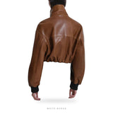 Women's Brown Leather High-Neck Cropped Bomber Jacket – view 4