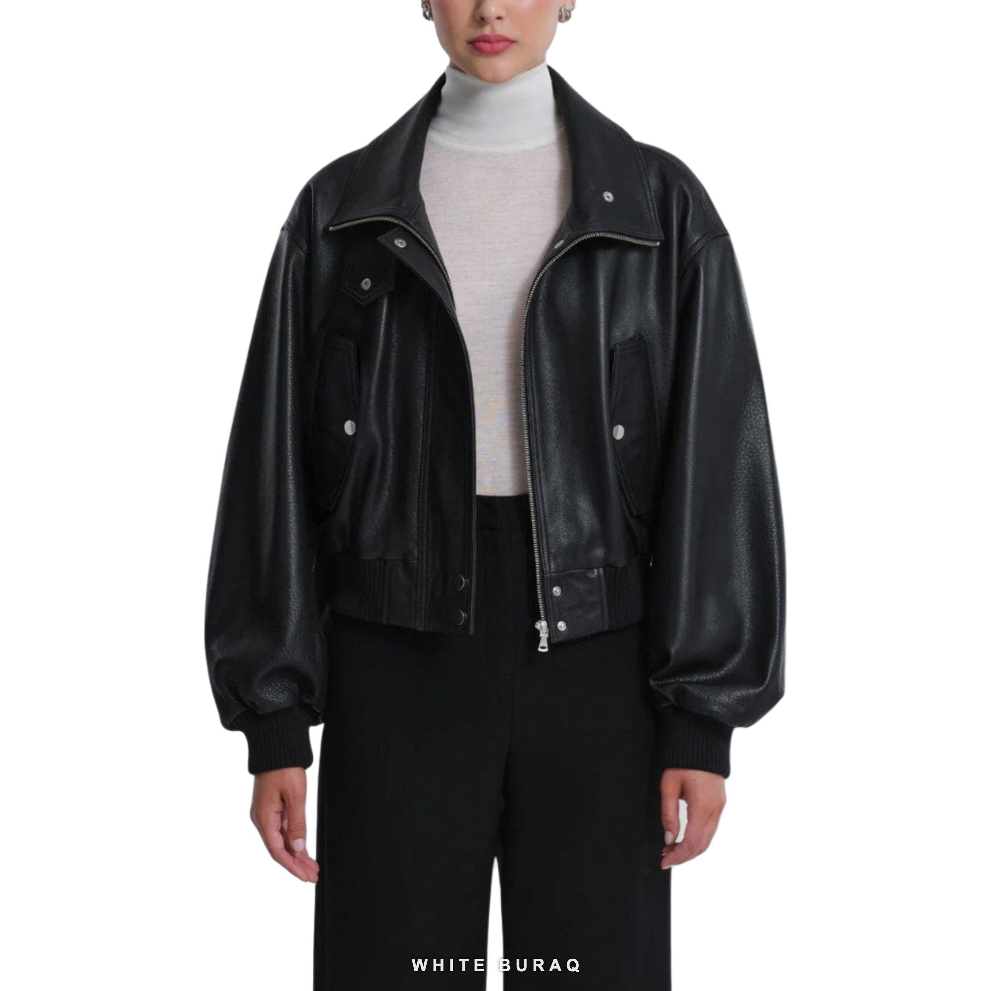 Women's Black Leather High-Neck Cropped Bomber – view 3