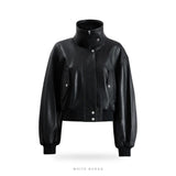 Women's Black Leather High-Neck Cropped Bomber – view 4