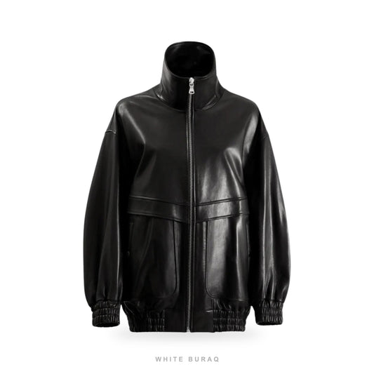 Women's Black Leather Oversized Elastic-Hem Bomber