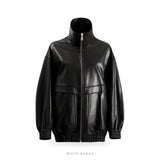 Women's Black Leather Oversized Elastic-Hem Bomber