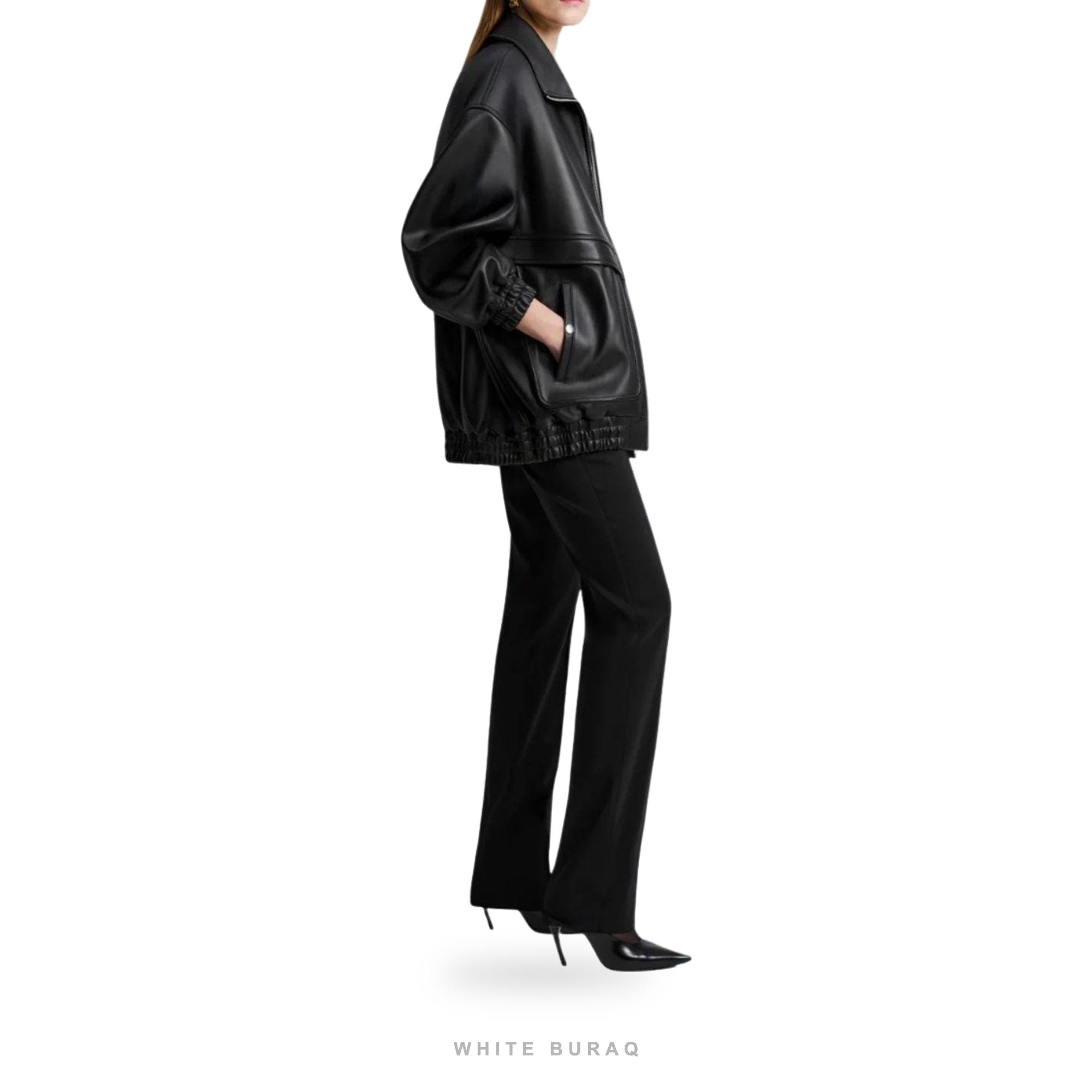 Women's Black Leather Oversized Elastic-Hem Bomber – view 2