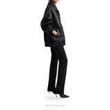 Women's Black Leather Oversized Elastic-Hem Bomber – view 2
