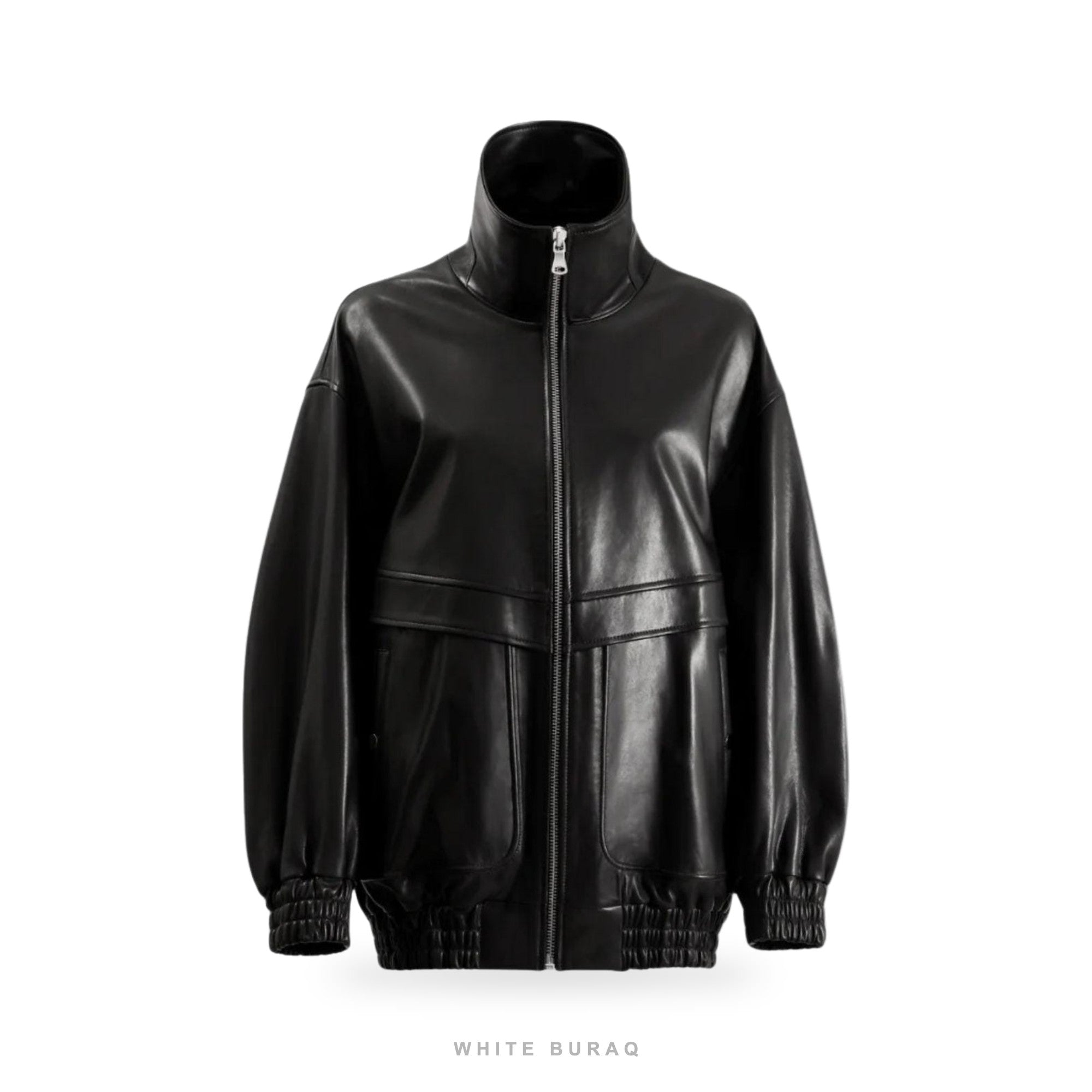 Women's Black Leather Oversized Elastic-Hem Bomber – view 4
