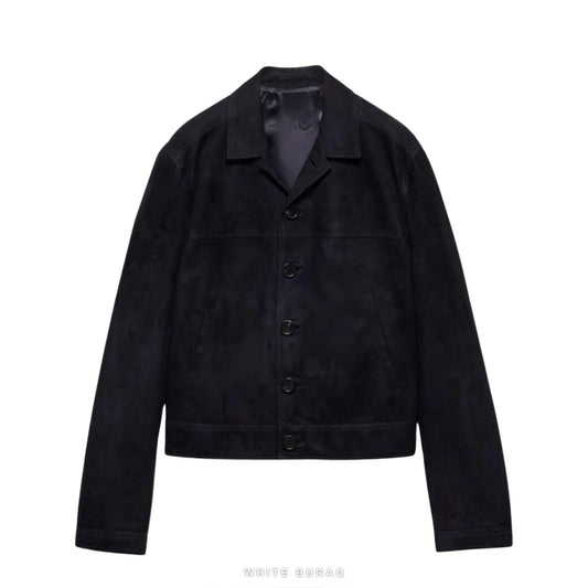 Men's Black Suede Cropped Button Jacket