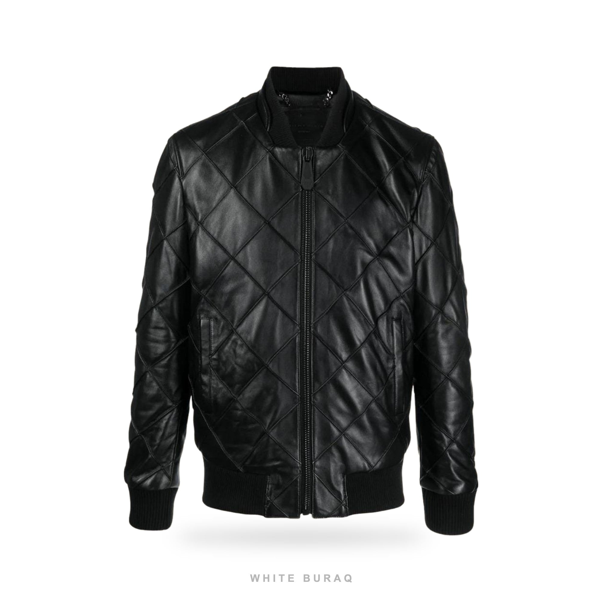 Men's Black Diamond-Quilted Leather Bomber