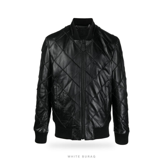 Men's Black Diamond-Quilted Leather Bomber