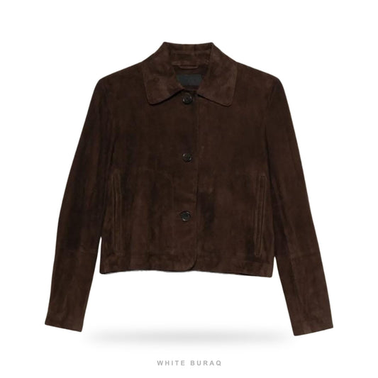 Women's Dark Brown Suede Minimal Cropped Bomber