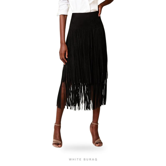 Women's Black Suede Fringe Midi Skirt
