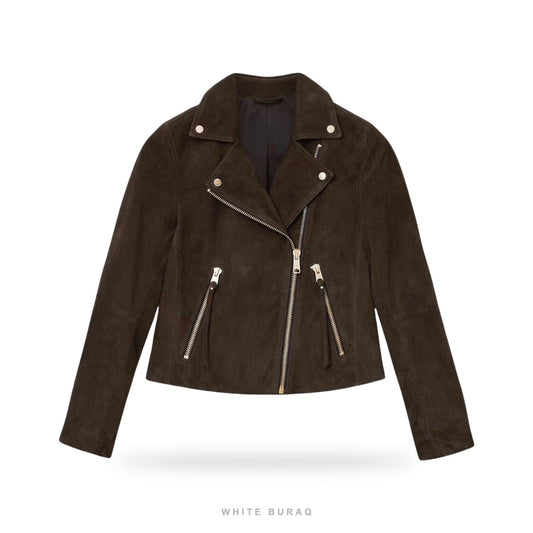 Women's Dark Brown Suede Cropped Biker Jacket