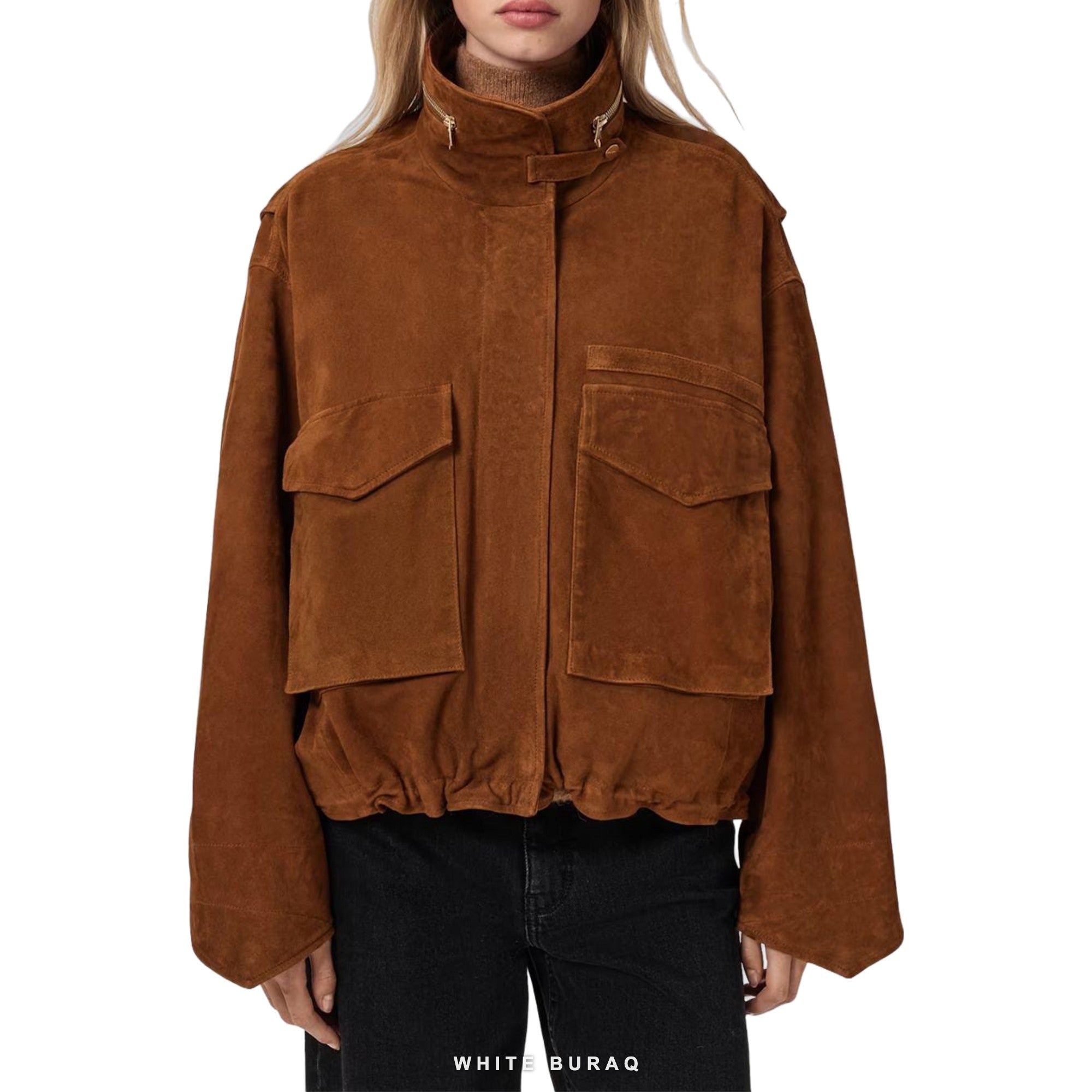 Women's Brown Suede Oversized Flap-Pocket Bomber