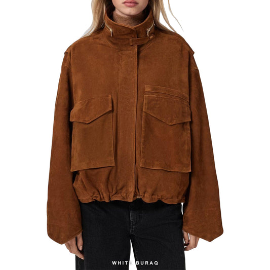 Women's Brown Suede Oversized Flap-Pocket Bomber