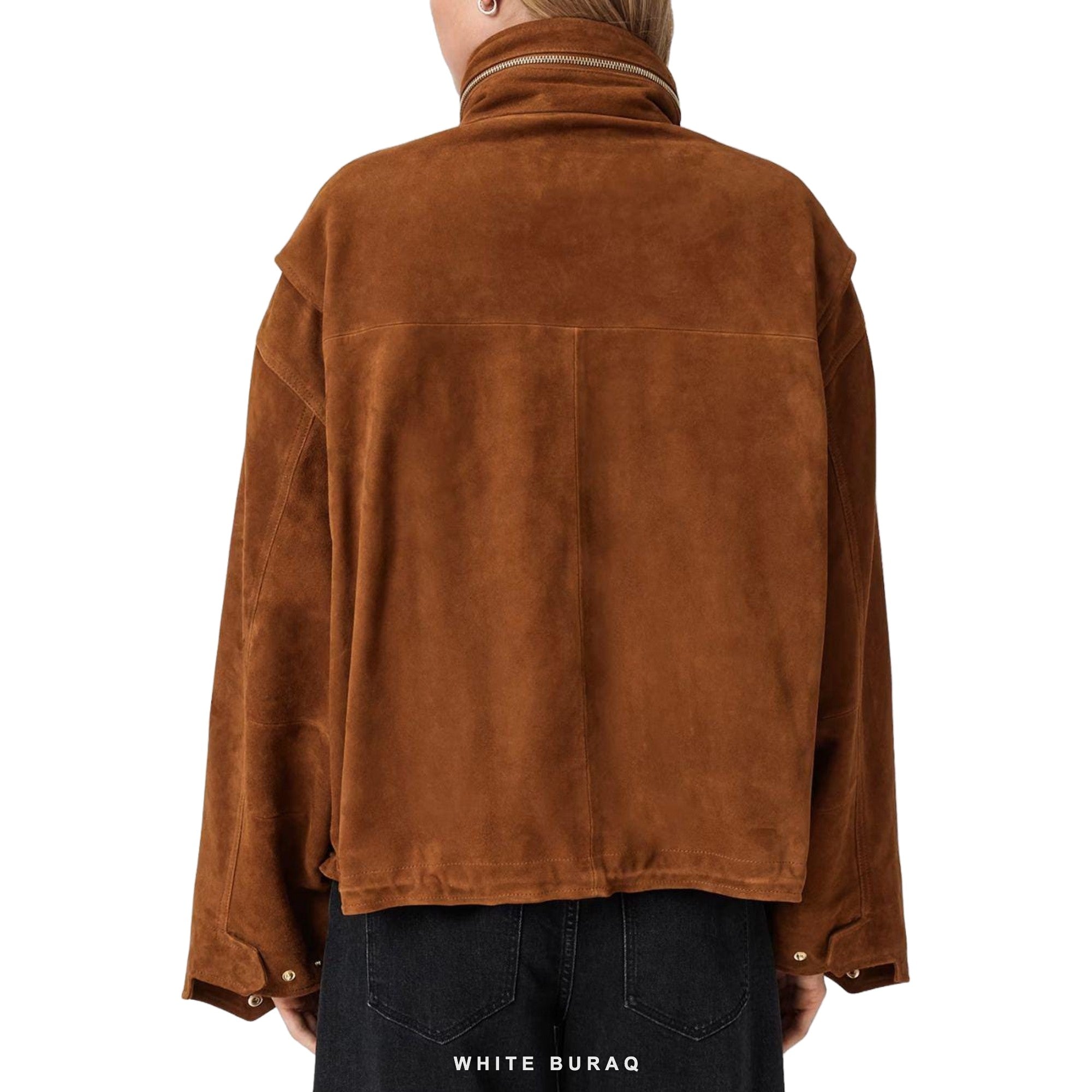 Women's Brown Suede Oversized Flap-Pocket Bomber – view 3