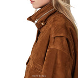 Women's Brown Suede Oversized Flap-Pocket Bomber – view 4
