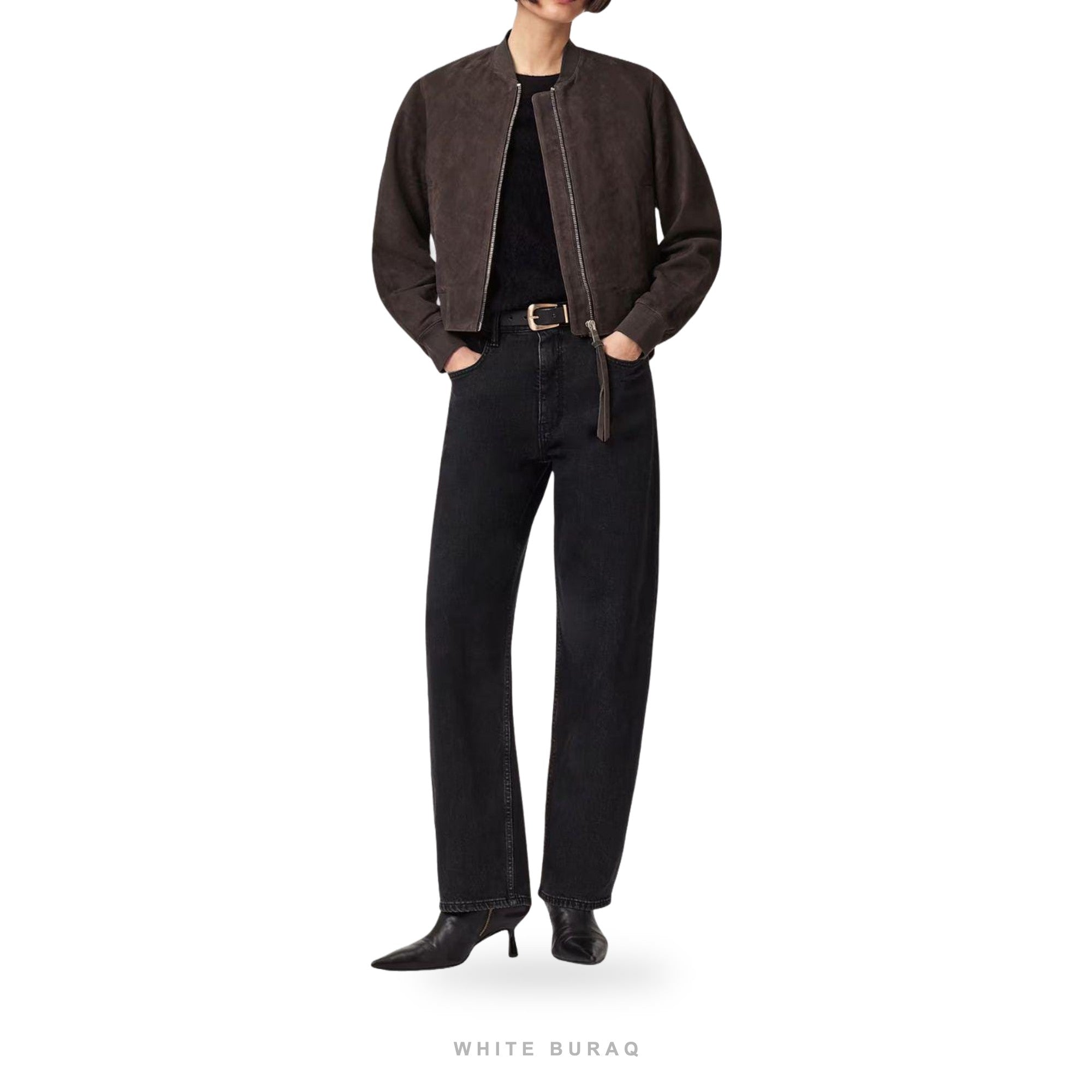 Women's Dark Brown Suede Cropped Bomber Jacket – view 2