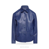 Women's Sky Blue Leather Button-Up Jacket