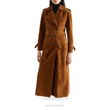 Women's Brown Suede Double-Breasted Belted Overcoat – view 3