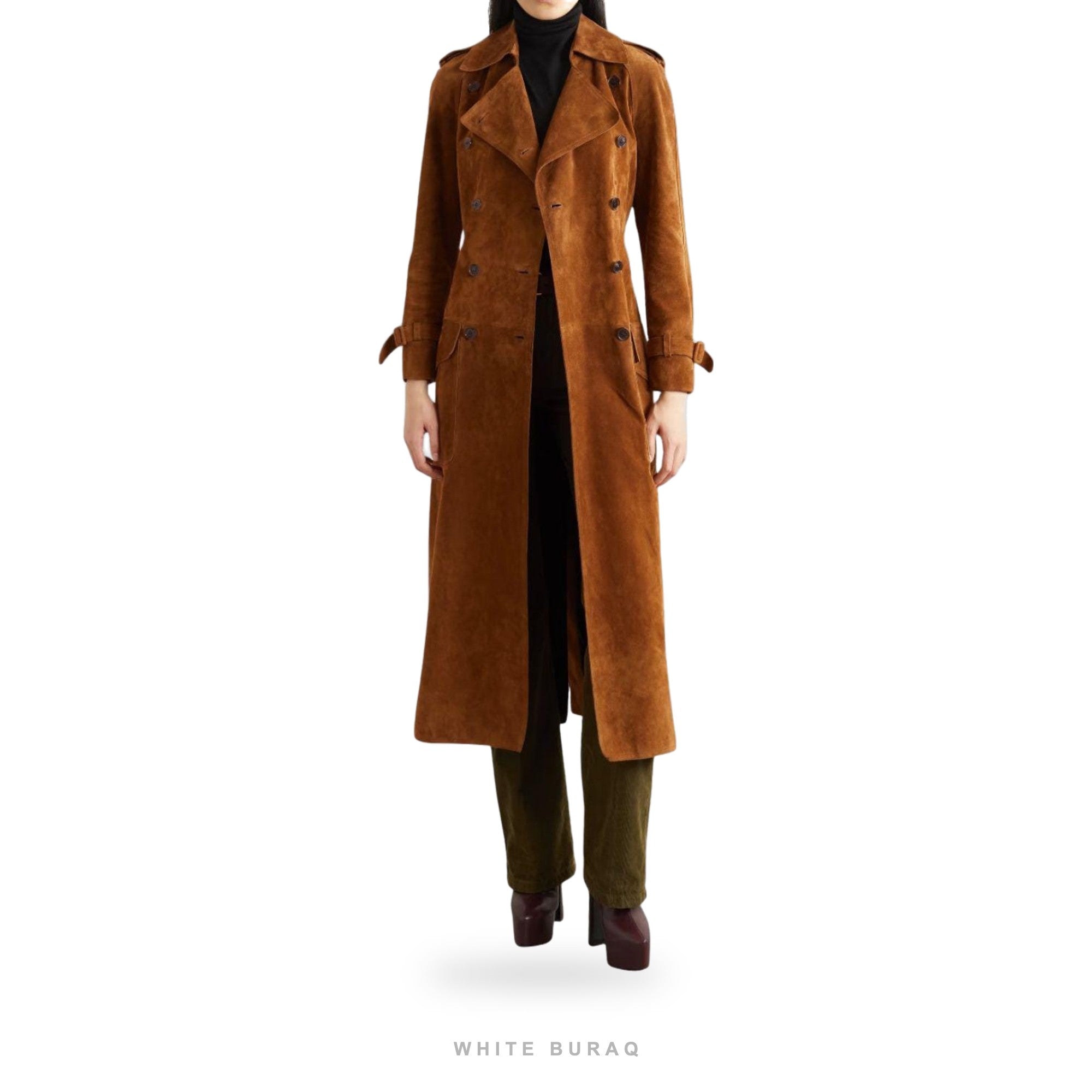 Women's Brown Suede Double-Breasted Belted Overcoat – view 4