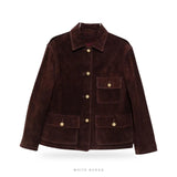 Women's Coffee Brown Suede Gold-Button Jacket