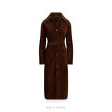 Women's Coffee Brown Suede Belted Long Trench Coat