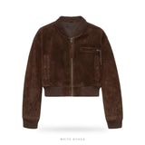 Women's Brown Suede Cropped Zip Bomber Jacket – view 3