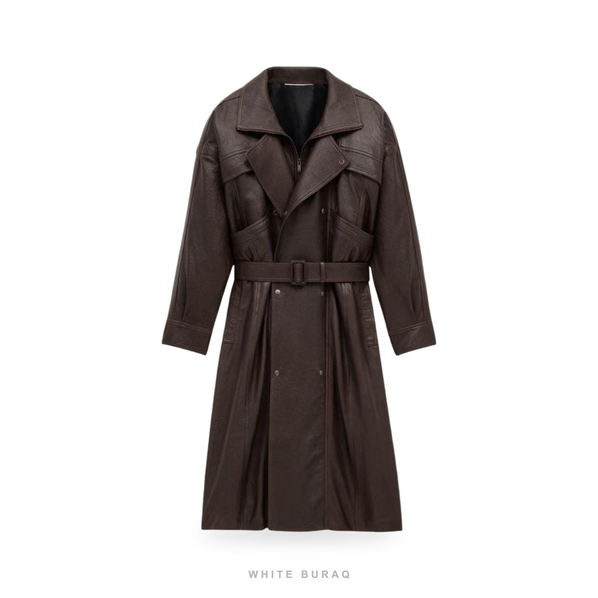 Men's Brown Leather Long Moto Trench Coat