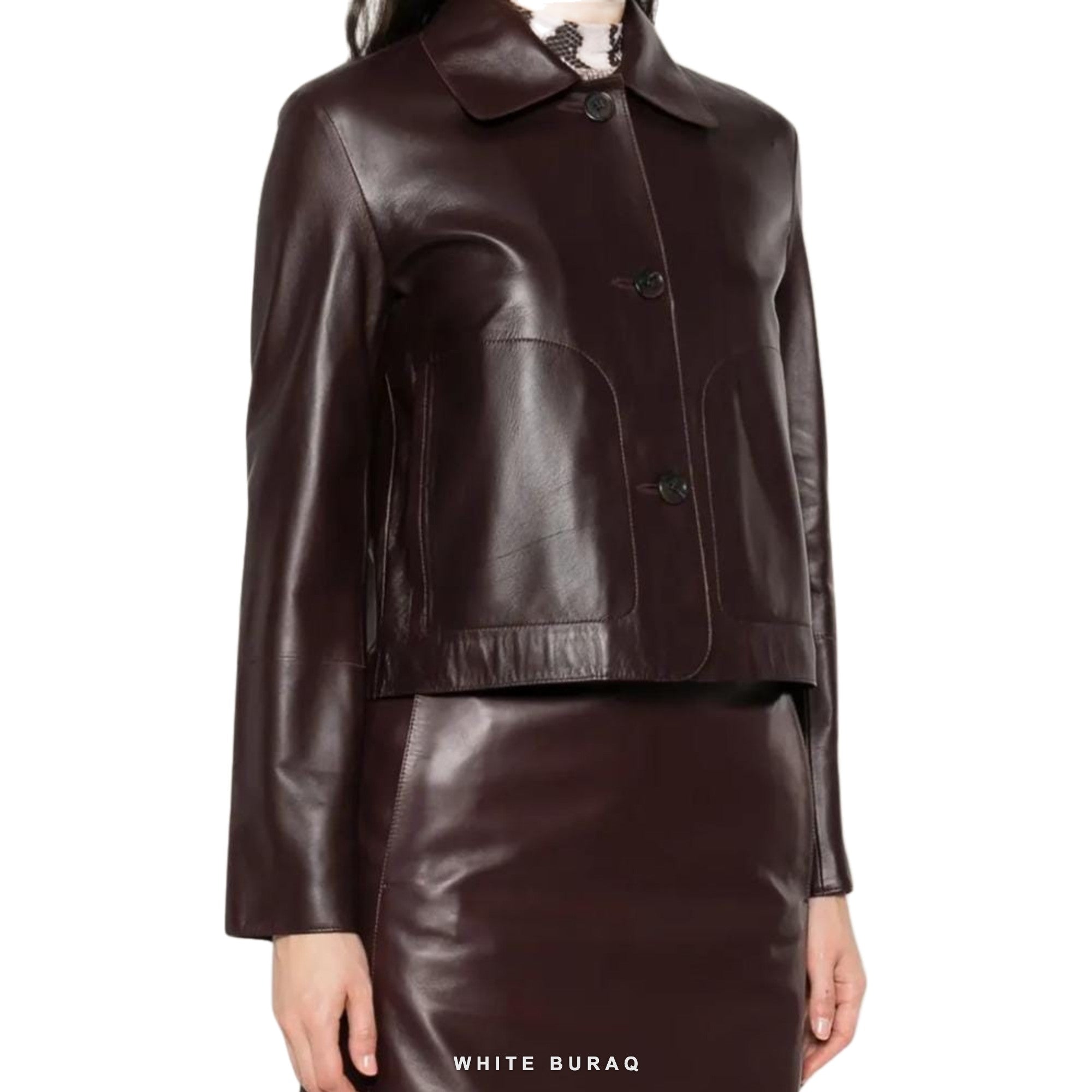 Women's Chocolate Leather Cropped Button-Up Jacket