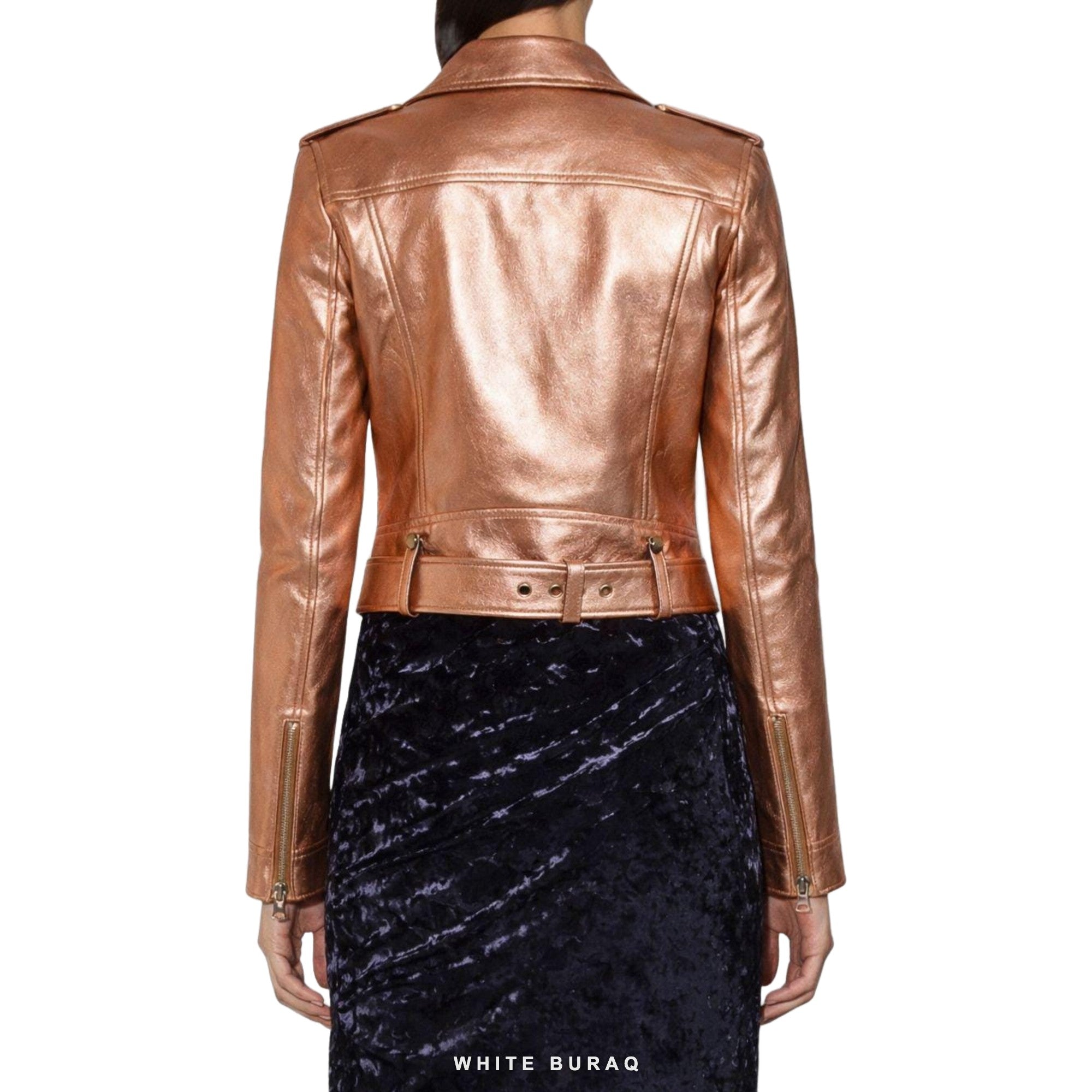 Women's Rose Gold Metallic Belted Biker Jacket – view 2